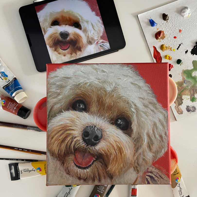 A Simple Art commission pet portrait acrylic painting on canvas portfolio. Artist Lynn Sim.